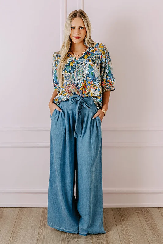 The Serena High Waist Chambray Pants in Medium Wash