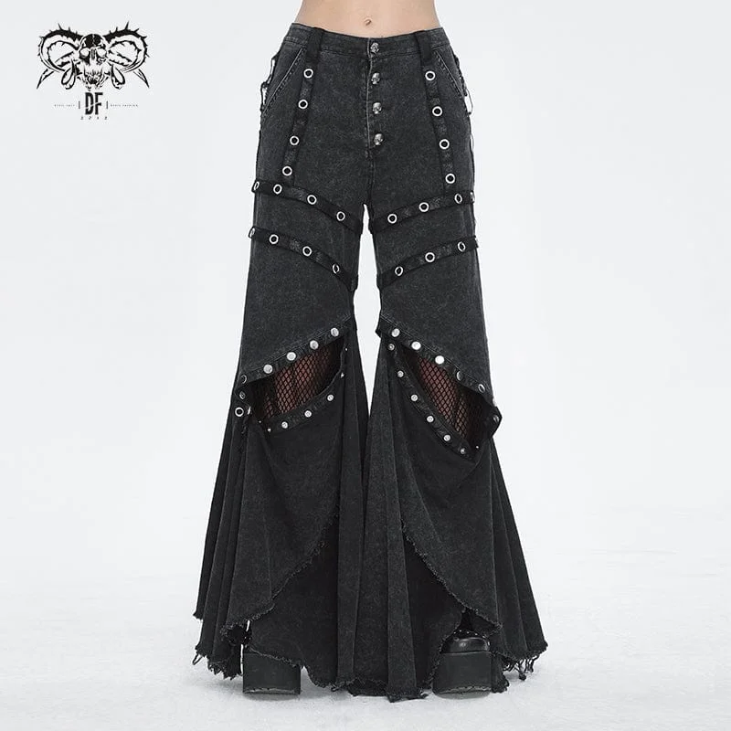 Women's Punk Mesh Eyelets Ruffled Flared Pants