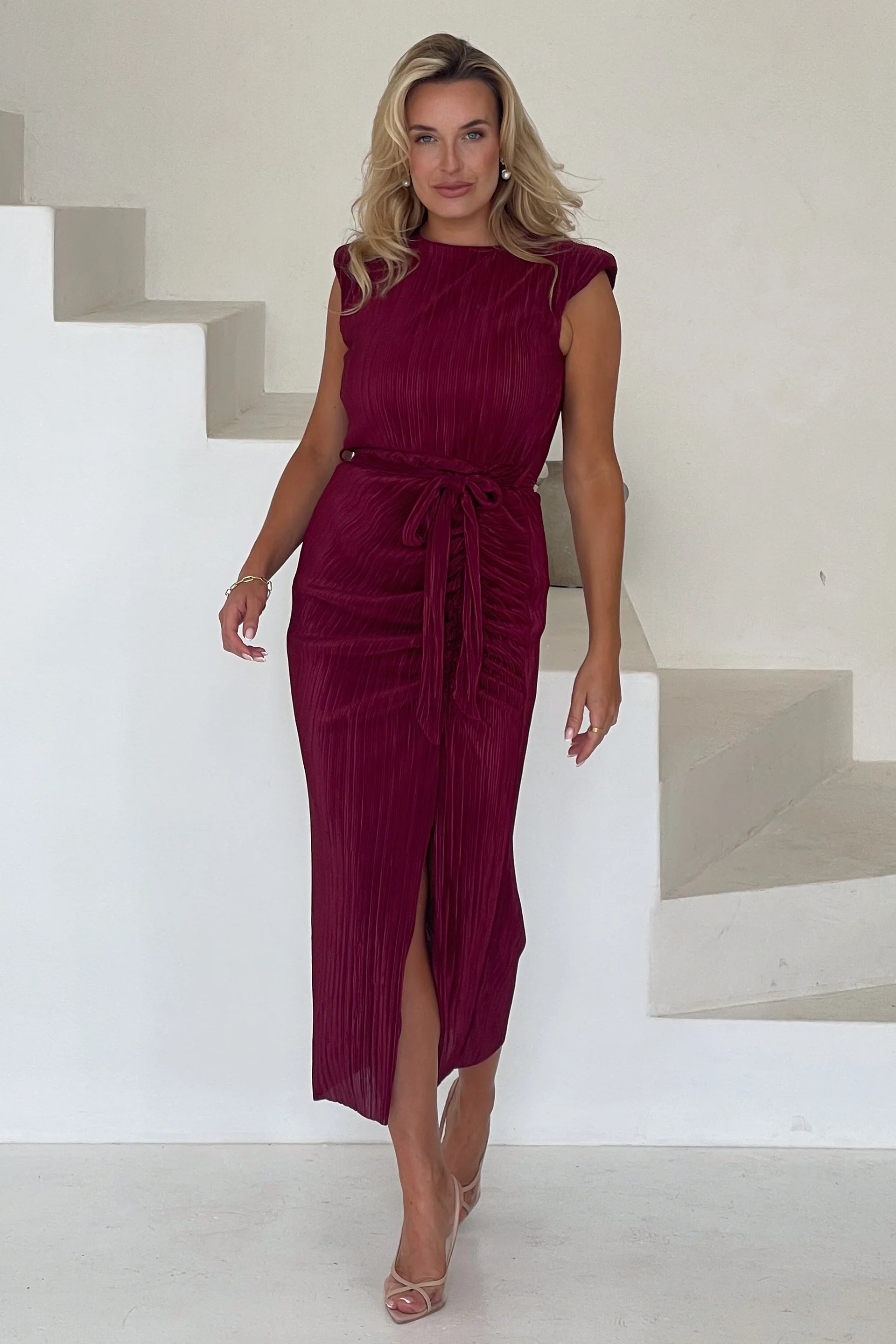 Elena Ruched Seamed Midi Dress (Wine)