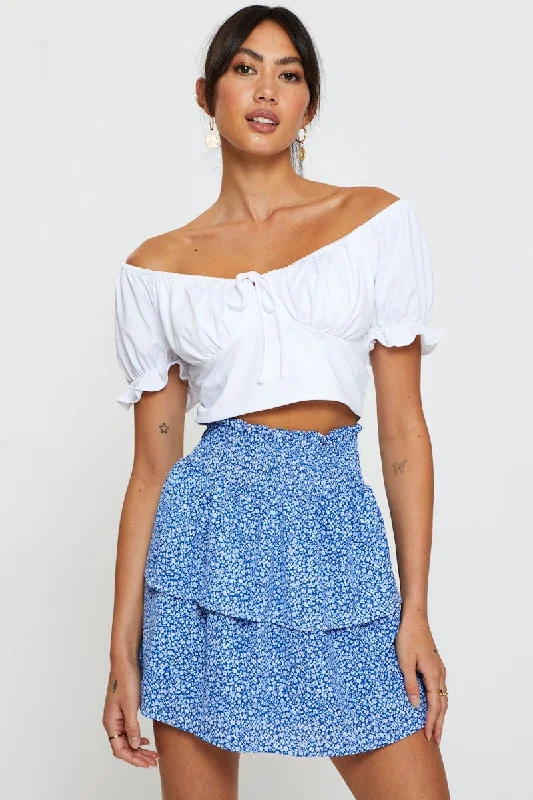 Print Elastic Waist Floral Skater Skirt