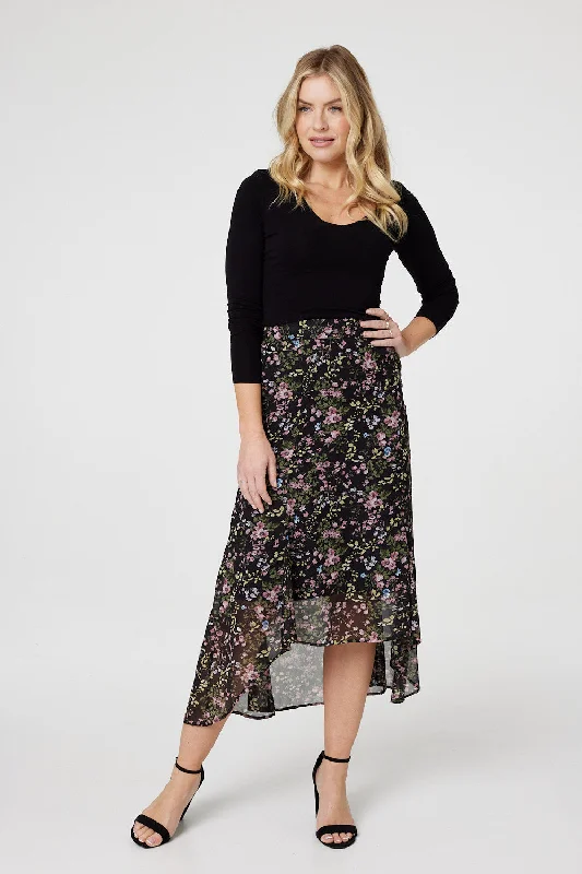 Floral Semi Sheer High Low Skirt