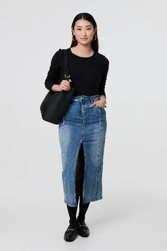 Washed Denim Split Hem Knee Length Skirt