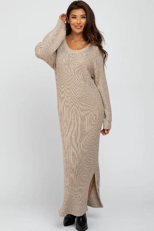 Beige Side Slit Maxi Sweater Dress