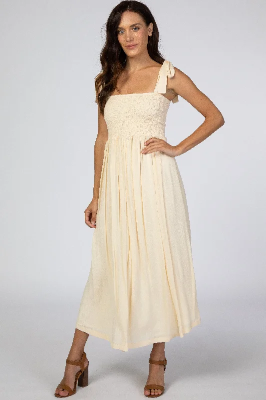 Beige Smocked Tie Strap Midi Dress