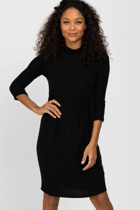 Black Brushed Mock Neck Fitted Dress