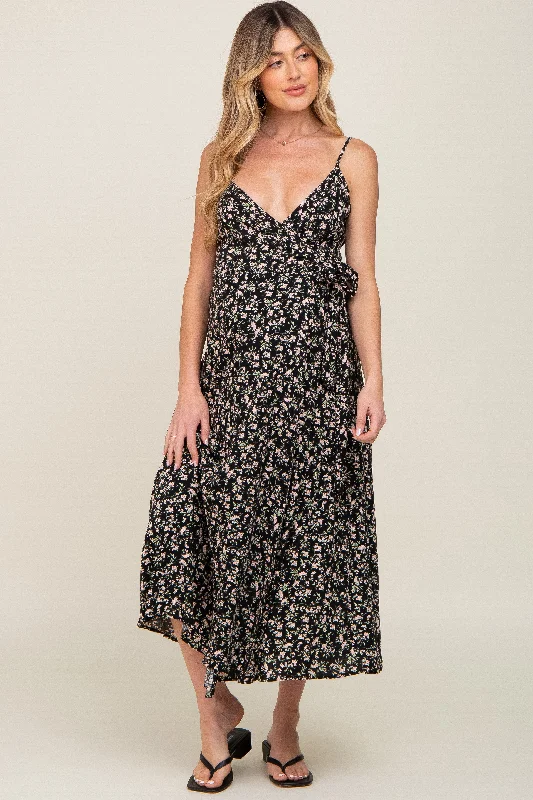 Black Floral Wrap Maternity Midi Dress