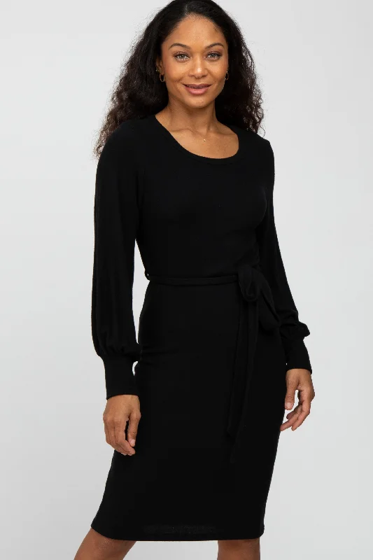 Black Soft Brushed Waist Tie Bubble Sleeve Dress