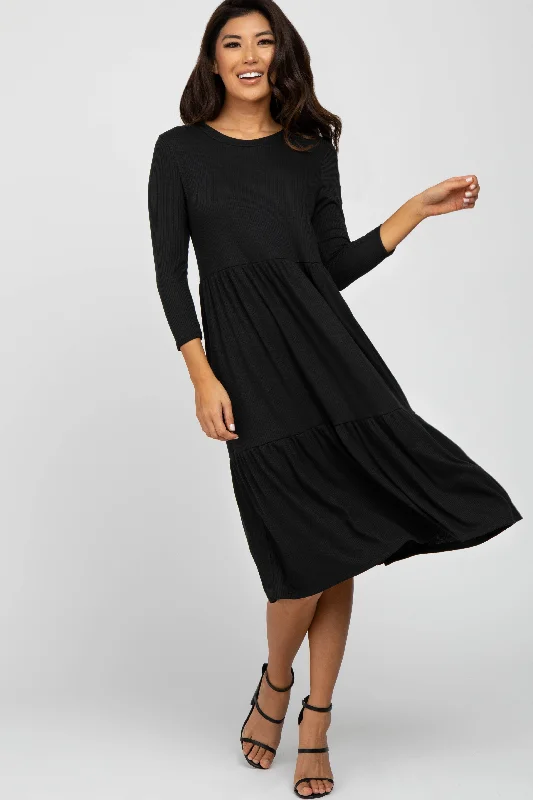 Black Tiered Ribbed 3/4 Sleeve Midi Dress