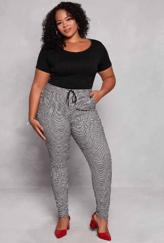 Plus Size Plaid Drawstring Skinny Leg Dress Pants