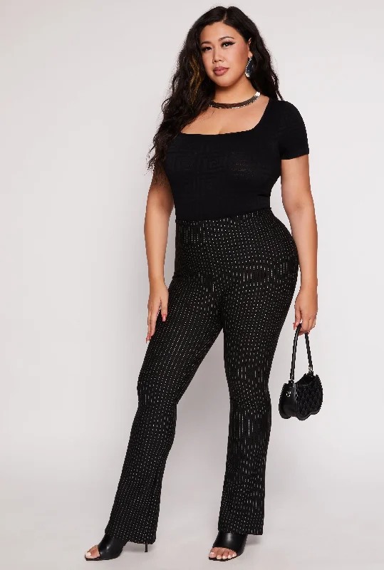 Plus Size Scuba Pinstripe High Waist Flare Pants