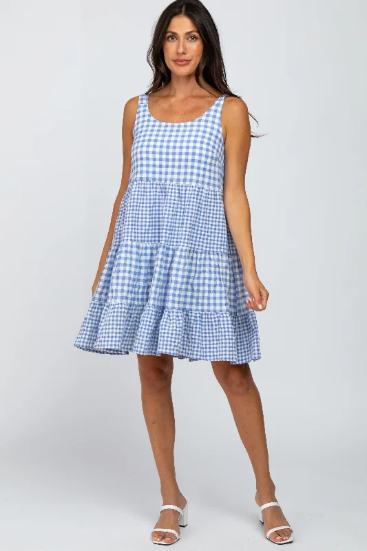 Blue Gingham Tiered Dress