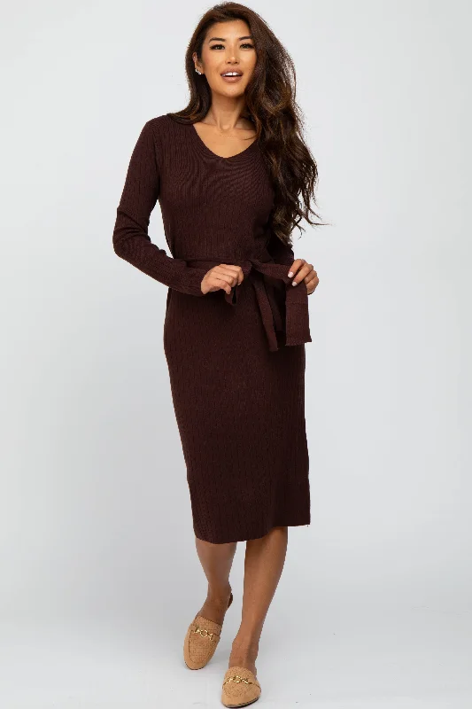 Brown Tie Front Sweater Midi Dress