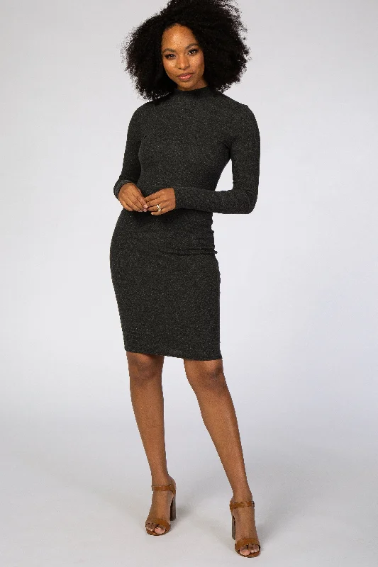 Charcoal Ribbed Mock Neck Fitted Dress