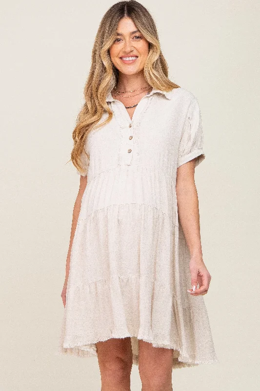 Cream Tiered Collared Linen Maternity Dress