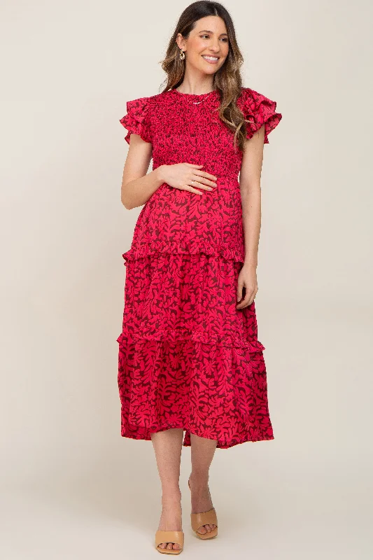 Fuchsia Print Smocked Ruffle Tiered Maternity Midi Dress