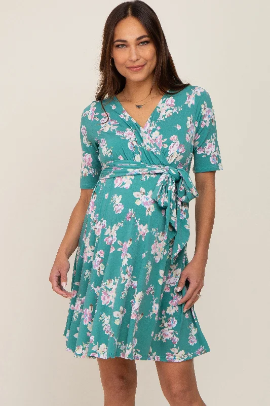 Jade Floral Wrap Front V-Neck Short Sleeve Maternity Dress