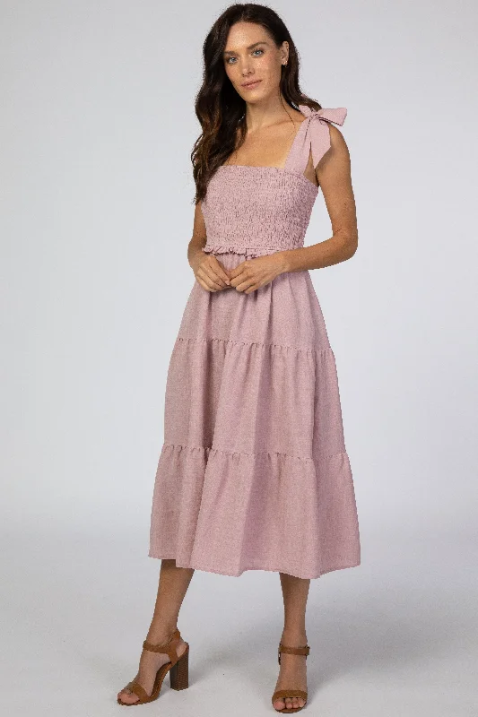 Mauve Bow Strap Tiered Midi Dress