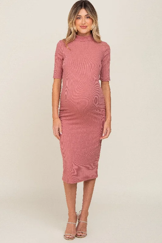 Mauve Ribbed Mock Neck Maternity Midi Dress