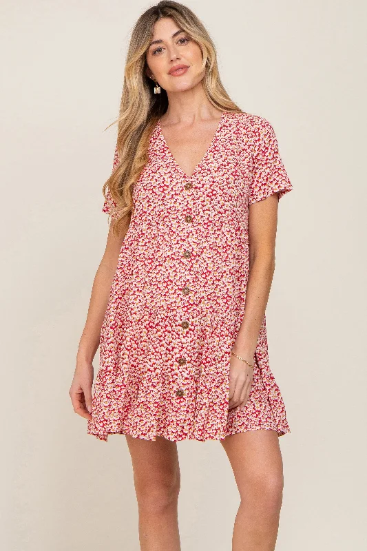 Red Floral Button Down Tiered Maternity Dress