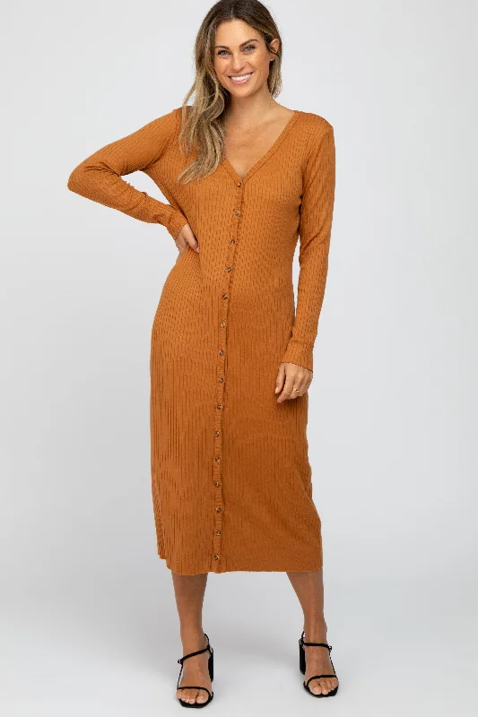 Rust Ribbed Button Front Midi Cardigan Dress