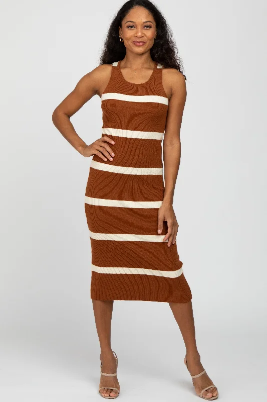 Rust Striped Sleeveless Sweater Midi Dress