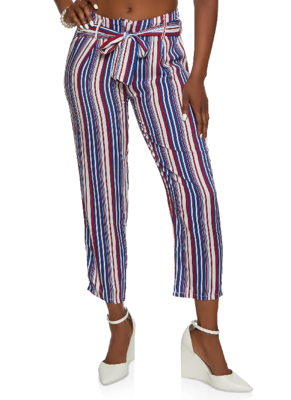 Striped Tie Front Waist Ankle Pants