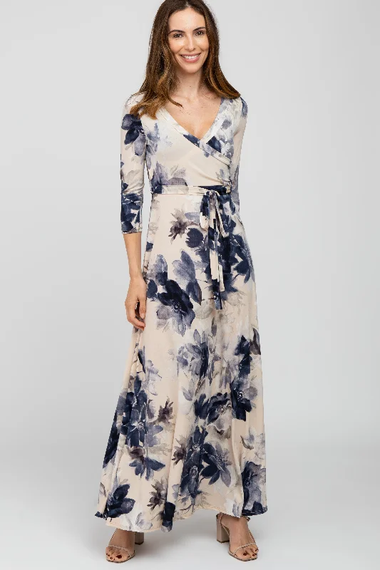 Taupe Navy Floral Wrap Maxi Dress