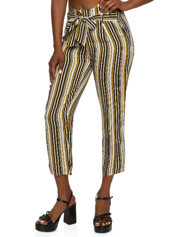 Striped Tie Front Waist Ankle Pants