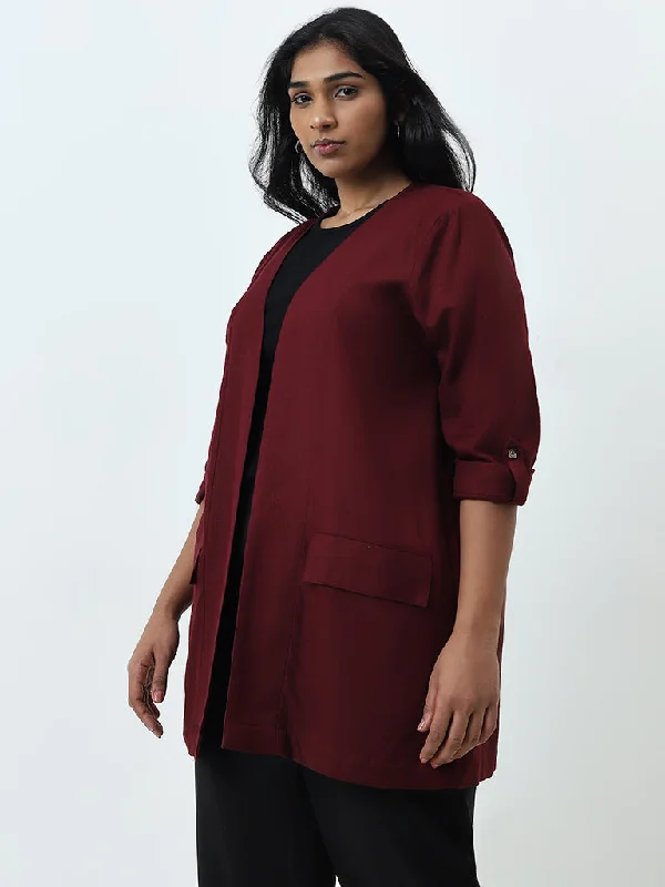 Gia Maroon Solid Open Front Jacket