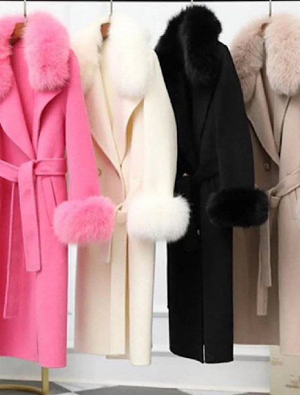 Lux Double Sided Cashmere Fox Fur Trim Midi Coat