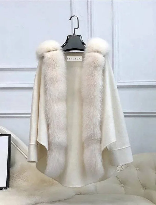 Oversized Australian Wool Fox Fur Trim Poncho