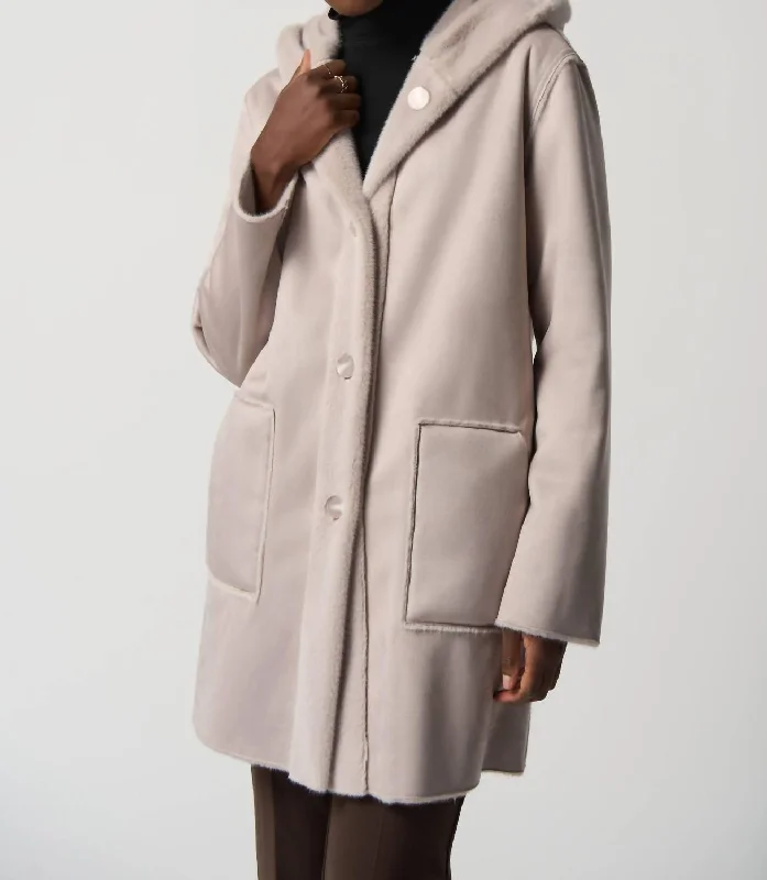 Suede Hooded Coat In Mink Vision