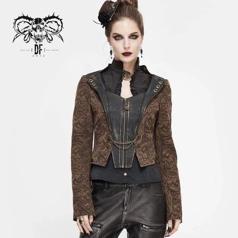 Women's Gothic Zip Faux Leather Splicing Jacquard Jackets Coffee