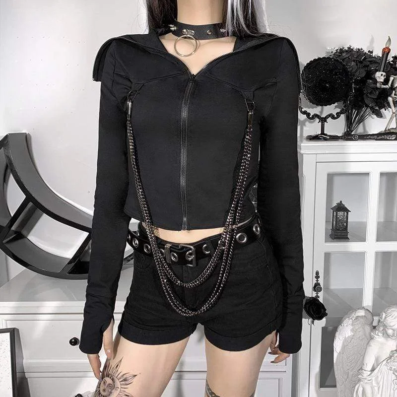 Women's Punk High Collar Zipper Jacket with Chain