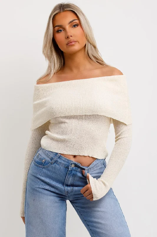 Bardot Jumper With Fold Over Detail Beige