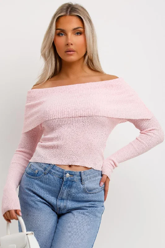 Bardot Jumper With Fold Over Detail Pink