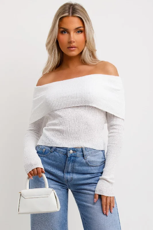 Bardot Jumper With Fold Over Detail White