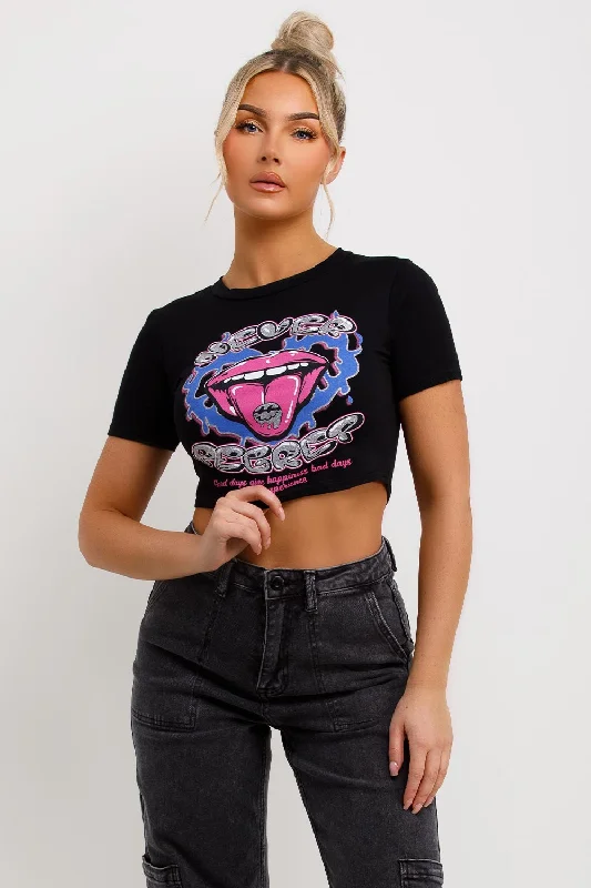 Crop T Shirt With Never Regret Graphic Print Black