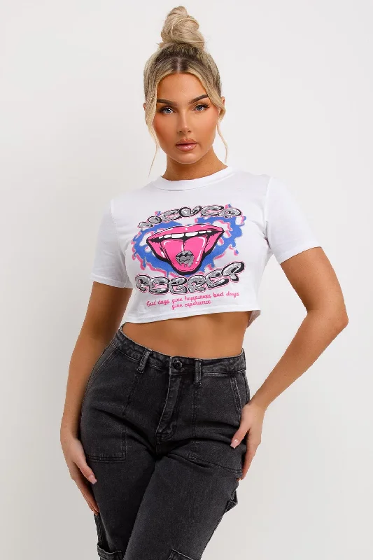 Crop T Shirt With Never Regret Graphic Print White