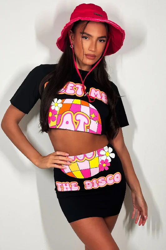 Crop Top And Skirt Co Ord With Neon Meet Me At The Disco Print