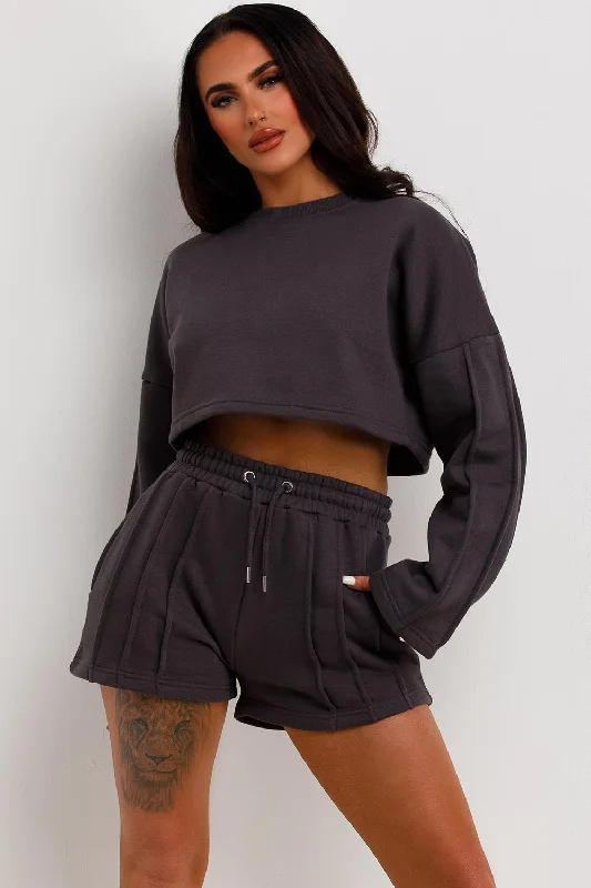 Crop Tracksuit Shorts Crop Sweatshirt With Seam Detail Charcoal