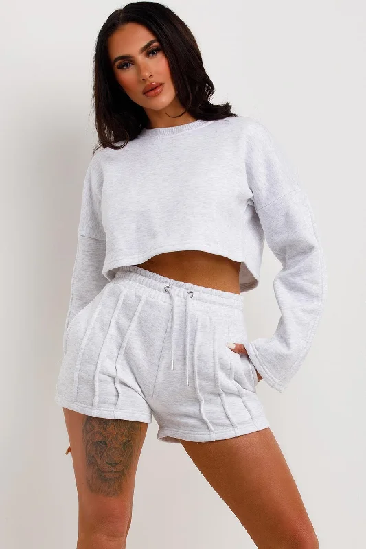 Crop Tracksuit Shorts Crop Sweatshirt With Seam Detail Grey Marl