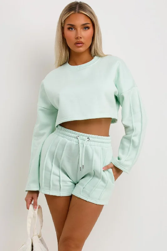 Crop Tracksuit Shorts Crop Sweatshirt With Seam Detail Mint