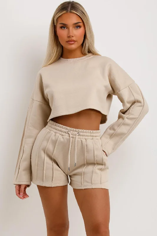 Crop Tracksuit Shorts Crop Sweatshirt With Seam Detail Oatmeal