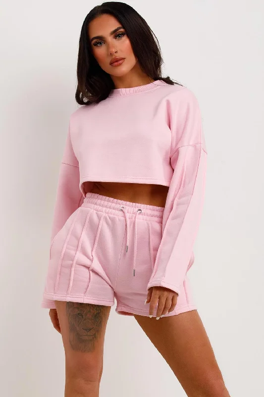 Crop Tracksuit Shorts Crop Sweatshirt With Seam Detail Pink