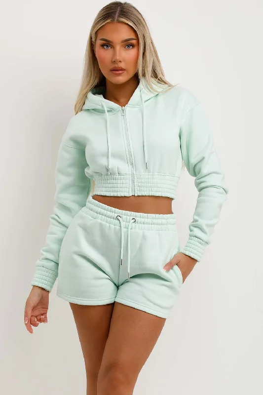 Crop Zip Hoodie And Shorts Tracksuit Set Mint