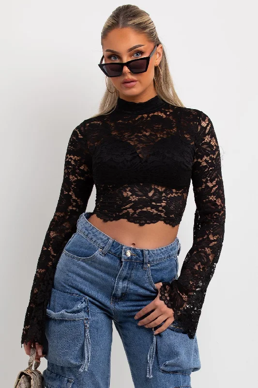 Lace Flare Sleeve Top Black