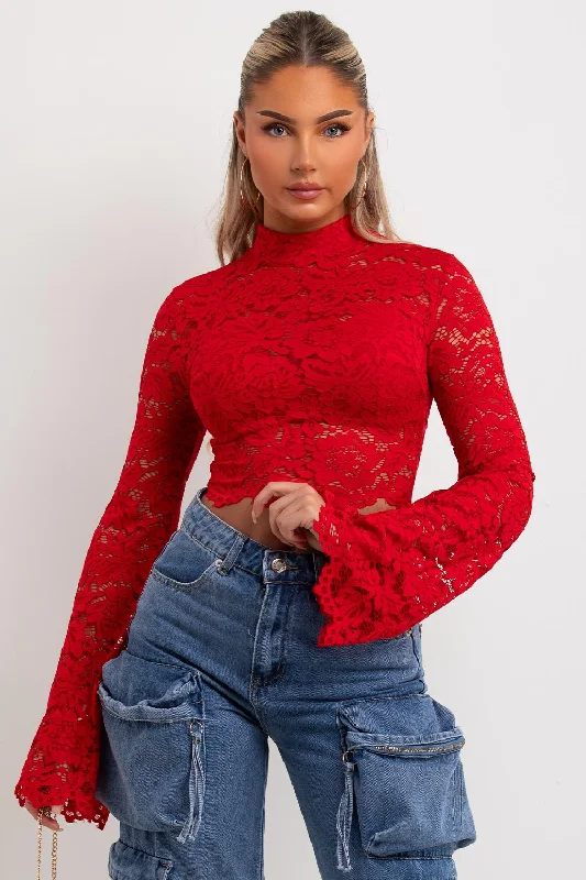 Lace Flare Sleeve Top Red