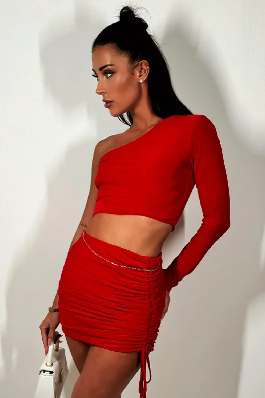 Red Ruched Skirt And One Shoulder Top Co Ord