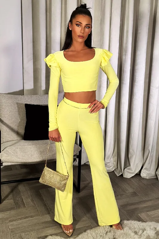 Yellow Frill Shoulder Long Sleeve Top Trouser Two Piece Set